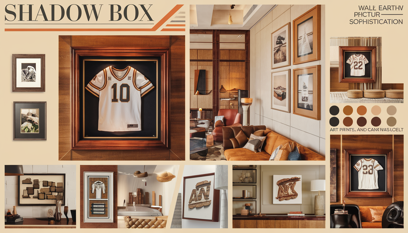 A shadow box displaying a sports jersey in a sophisticated modern interior with warm tones and elegant decor.