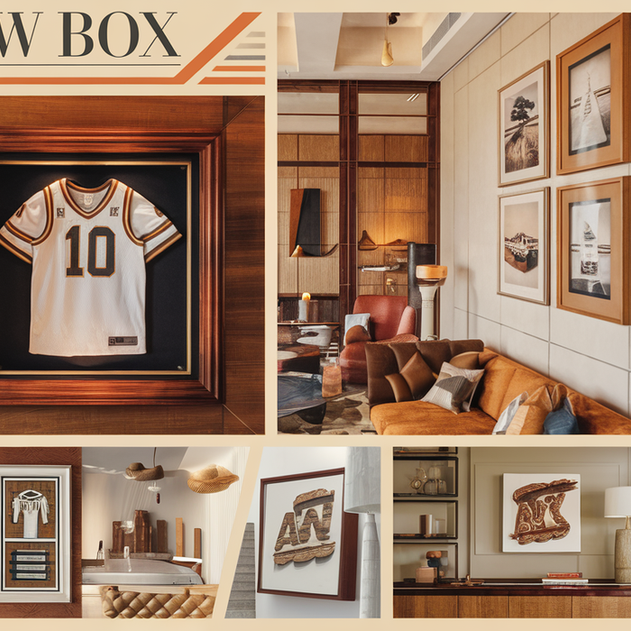 A shadow box displaying a sports jersey in a sophisticated modern interior with warm tones and elegant decor.