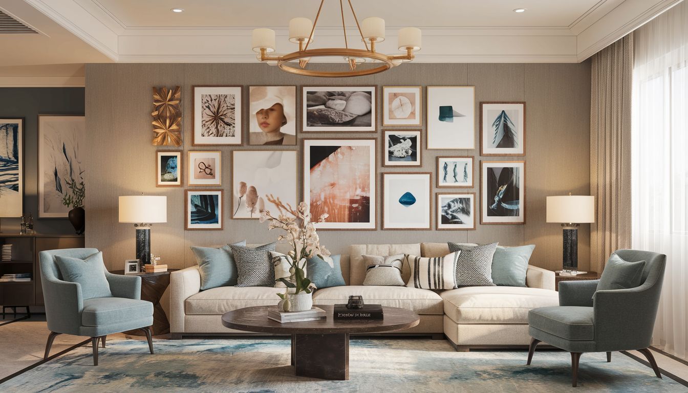 Modern, stylish living room with an elegant gallery wall featuring premium picture frames and art, warm lighting, and tasteful furnishings in a New York or New Jersey home.