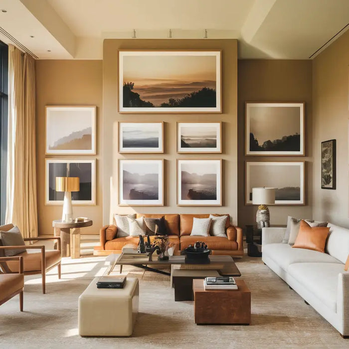 Modern living room with landscape artwork in custom frames, natural light, and warm, earthy tones.