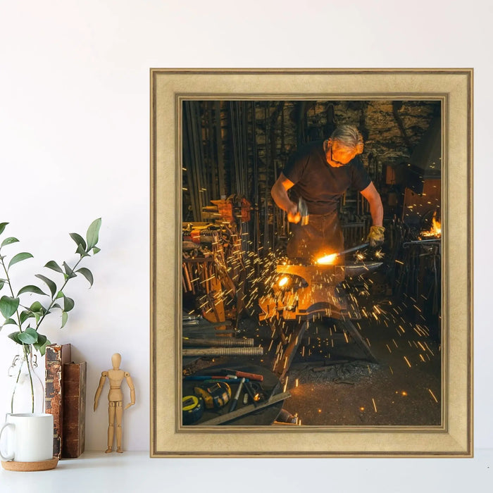 Metalworker forging sparks in a custom frame at a frame shop for art collection.