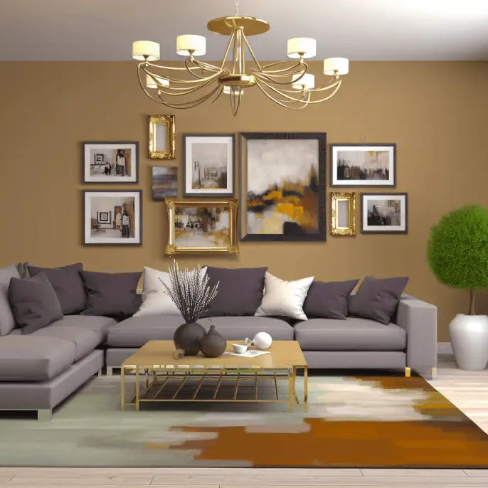 Gray L-shaped sectional sofa adorned with throw pillows, perfect for framed canvas paintings.