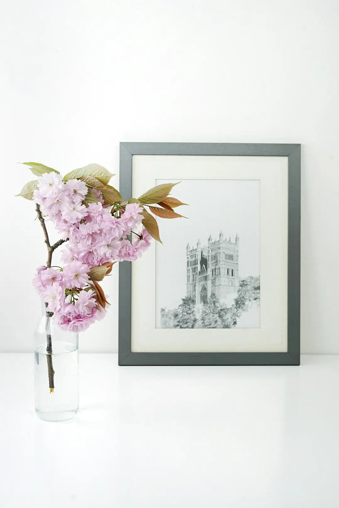 Framed cathedral sketch with cherry blossoms in a custom framing process at frame shop.