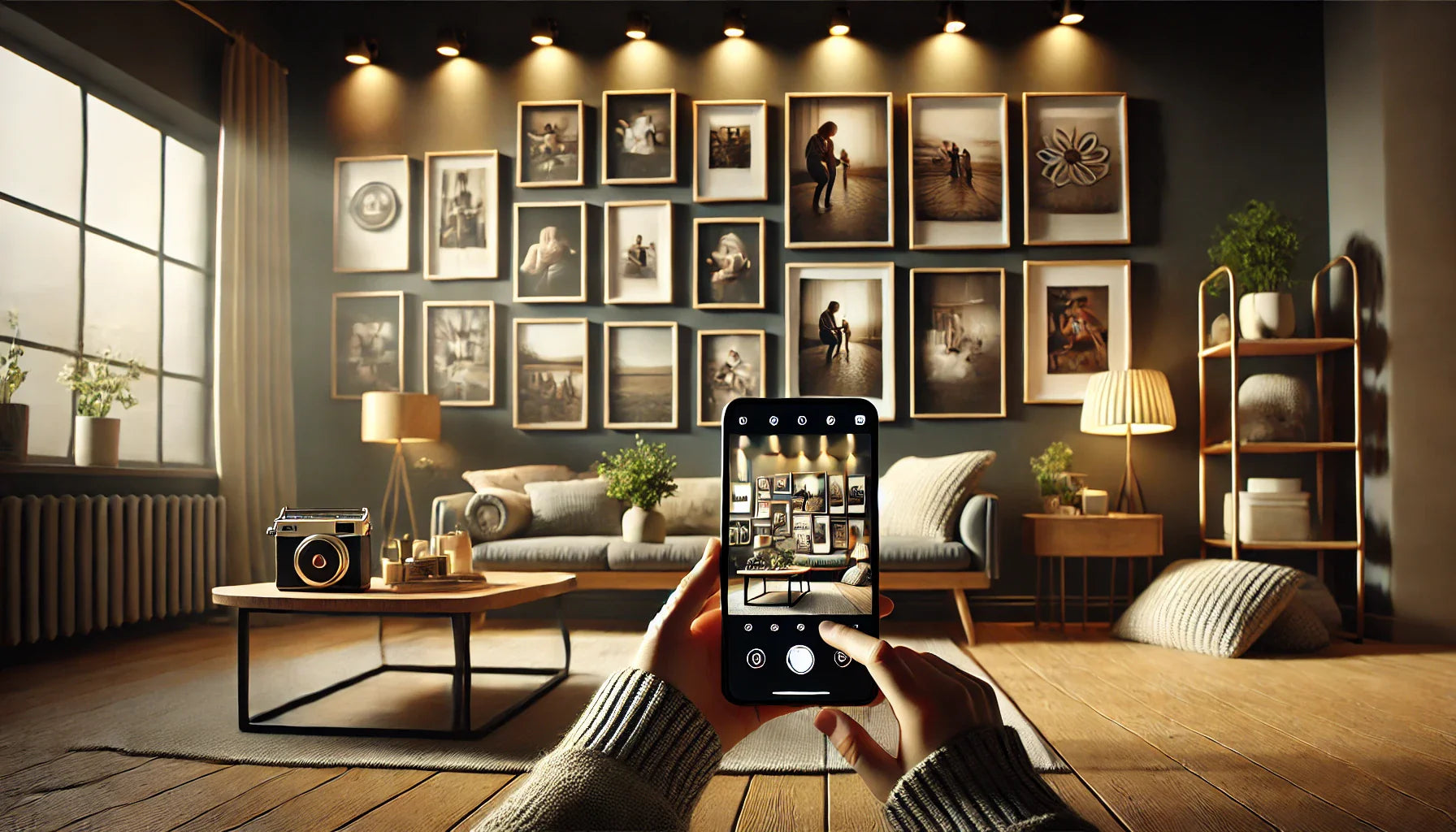 Smartphone showing a wine selection app in a cozy living room with canvas prints.