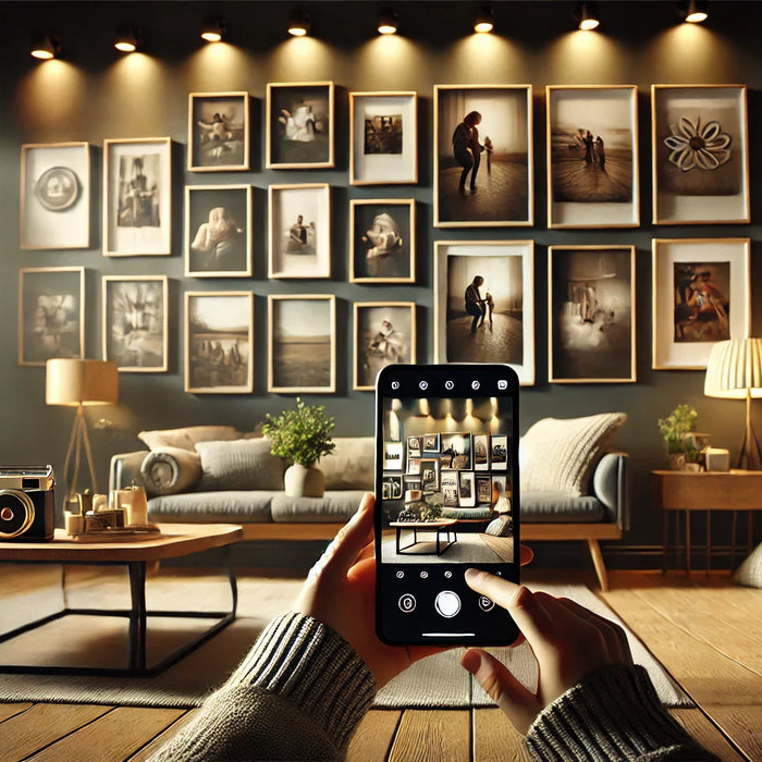 Smartphone showing a wine selection app in a cozy living room with canvas prints.