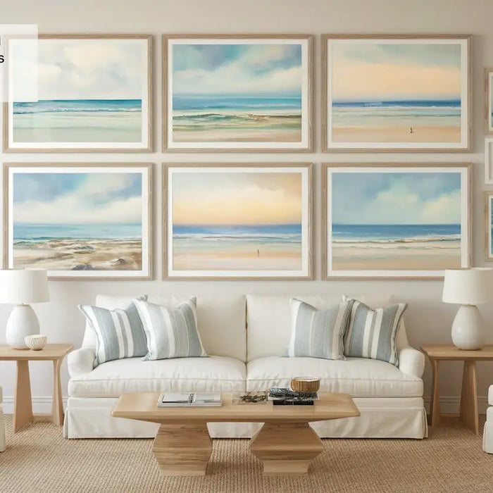 A serene, modern living room with beach-themed wall art and premium custom-framed prints in a New York or New Jersey home.