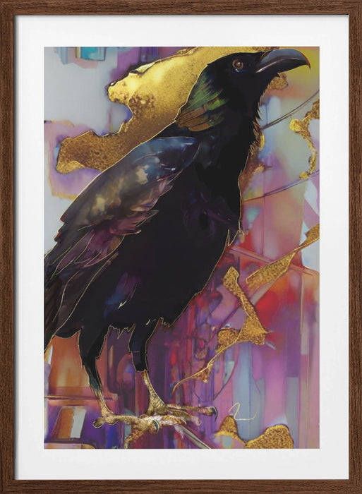 Raven with Pink and Gold Framed Art Modern Wall Decor