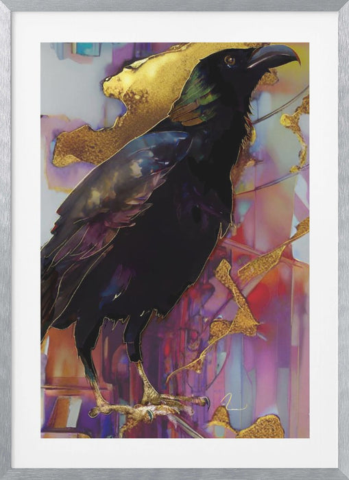 Raven with Pink and Gold Framed Art Modern Wall Decor