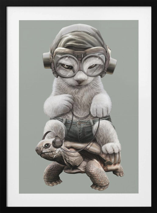 CAT RIDING TORTOISE Framed Art Modern Wall Decor