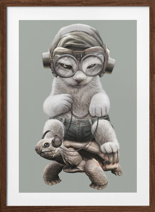 CAT RIDING TORTOISE Framed Art Modern Wall Decor