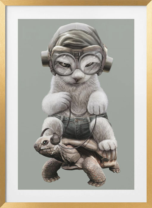 CAT RIDING TORTOISE Framed Art Modern Wall Decor