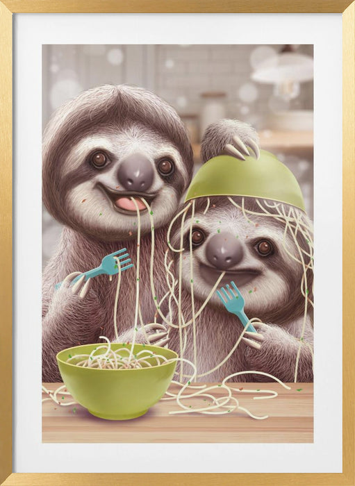 YOUNG SLOTH EATING SPAGETTI Framed Art Modern Wall Decor