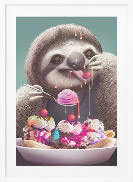 SLOTH ENJOYING ICE CREAM Framed Art Modern Wall Decor