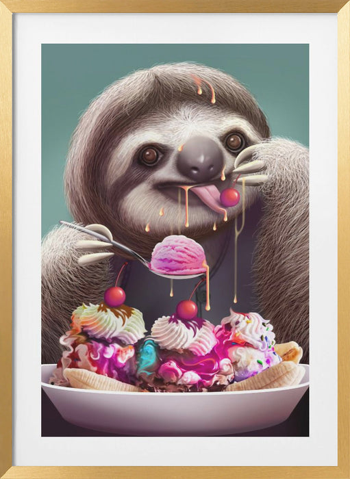 SLOTH ENJOYING ICE CREAM Framed Art Modern Wall Decor