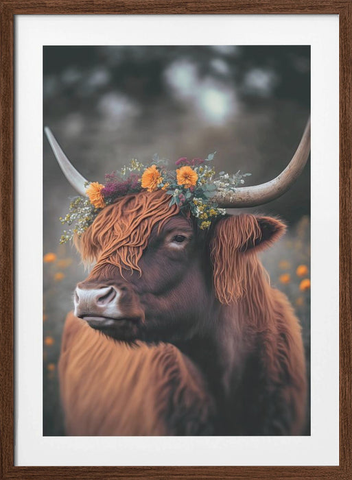 Highland Cow With Flowers Framed Art Modern Wall Decor