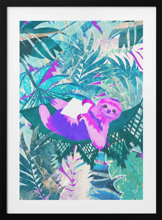 Pink and Green Neon Sloth in Hammock Framed Art Modern Wall Decor