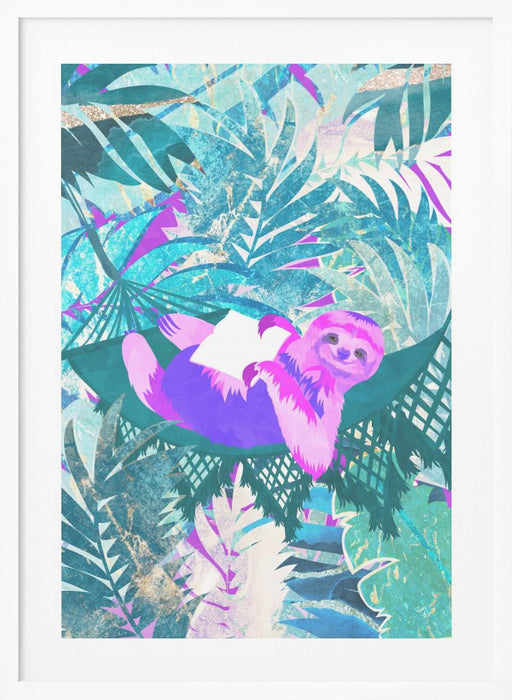 Pink and Green Neon Sloth in Hammock Framed Art Modern Wall Decor