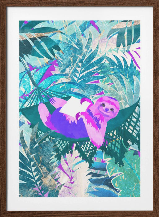 Pink and Green Neon Sloth in Hammock Framed Art Modern Wall Decor