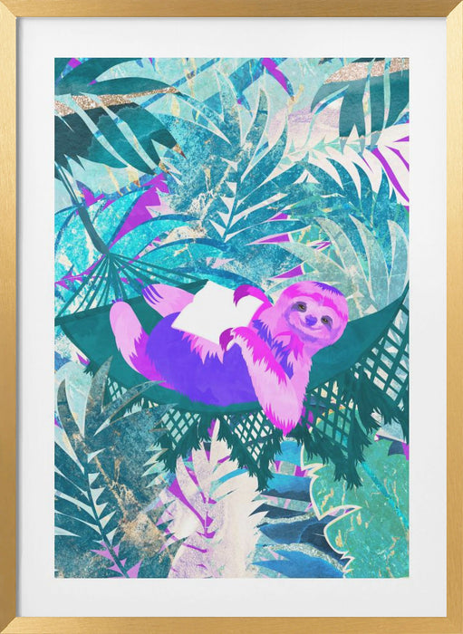 Pink and Green Neon Sloth in Hammock Framed Art Modern Wall Decor