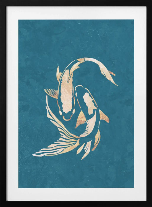 Gold Blue Koi Fish Framed Art Modern Wall Decor