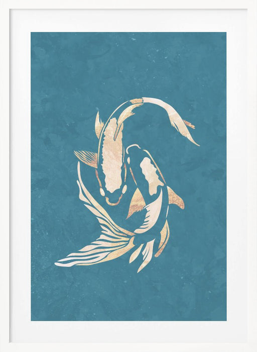 Gold Blue Koi Fish Framed Art Modern Wall Decor