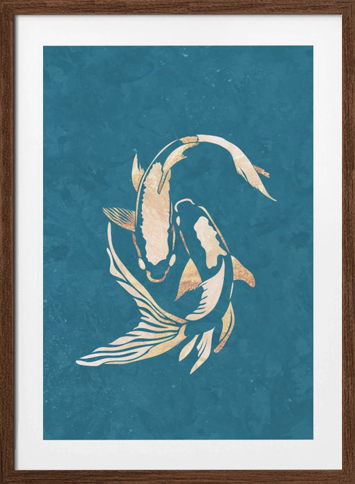 Gold Blue Koi Fish Framed Art Modern Wall Decor