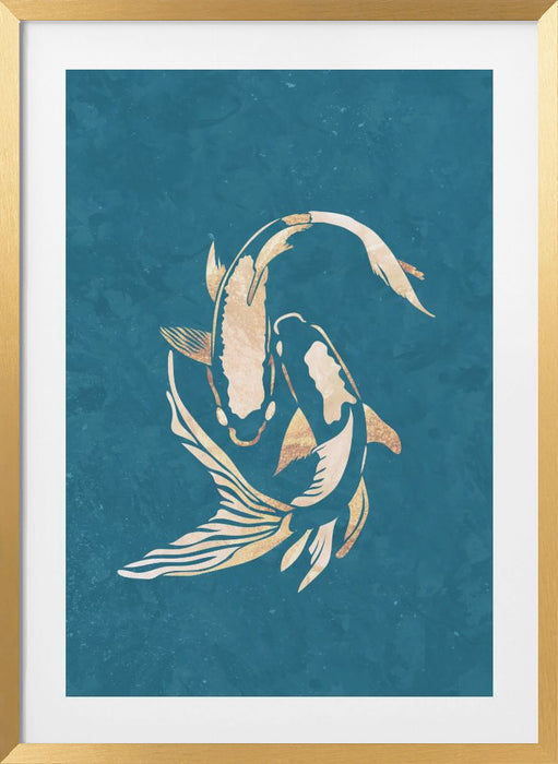 Gold Blue Koi Fish Framed Art Modern Wall Decor