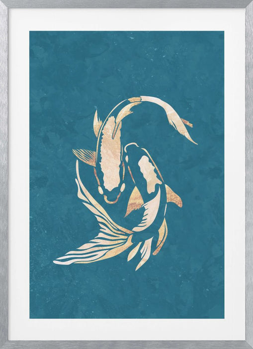 Gold Blue Koi Fish Framed Art Modern Wall Decor