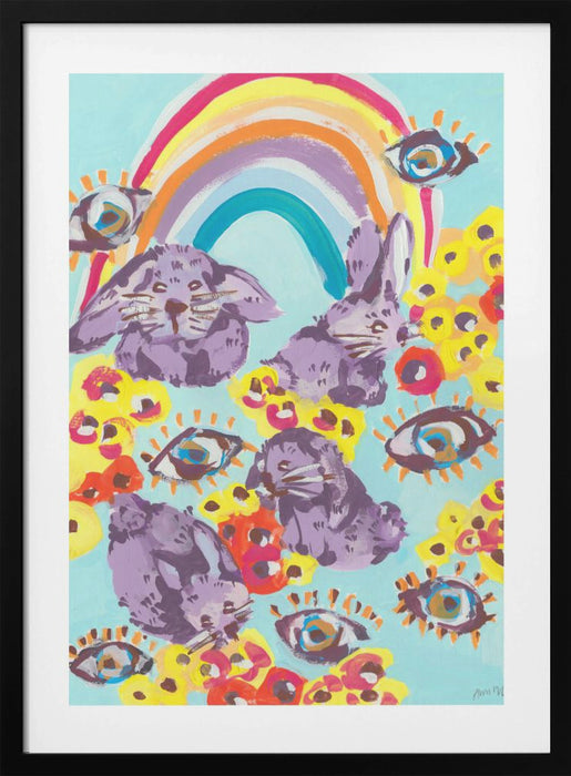 Violet Bunnies Having Fun Framed Art Modern Wall Decor