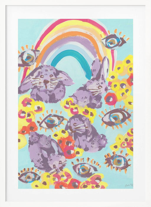 Violet Bunnies Having Fun Framed Art Modern Wall Decor