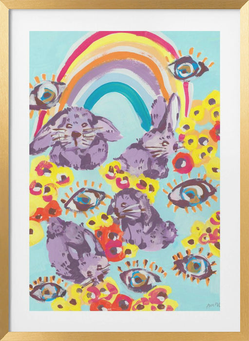 Violet Bunnies Having Fun Framed Art Modern Wall Decor