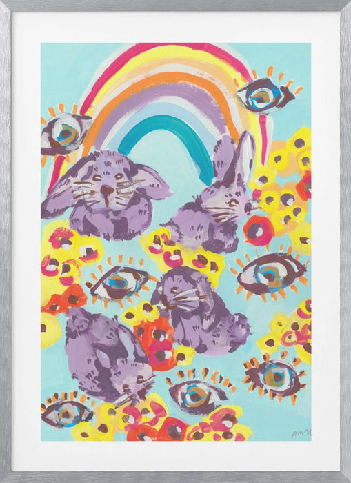 Violet Bunnies Having Fun Framed Art Modern Wall Decor