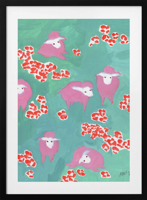 Pink Sheep On A Green Meadow Framed Art Modern Wall Decor