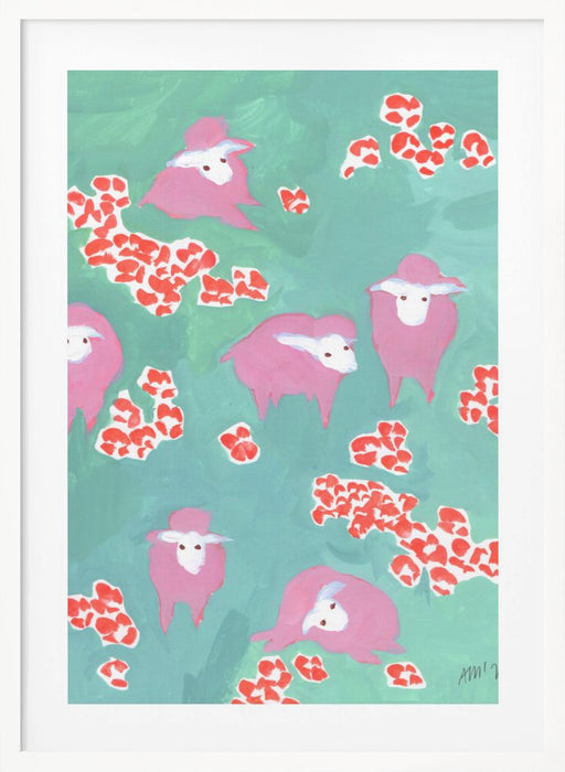 Pink Sheep On A Green Meadow Framed Art Modern Wall Decor