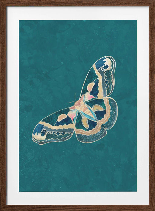 Turquoise Gold Moth Butterfly Framed Art Modern Wall Decor