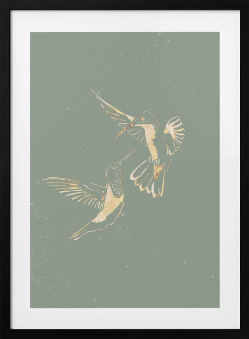 Sage Green Gold Hummingbirds Framed Art Modern Wall Decor