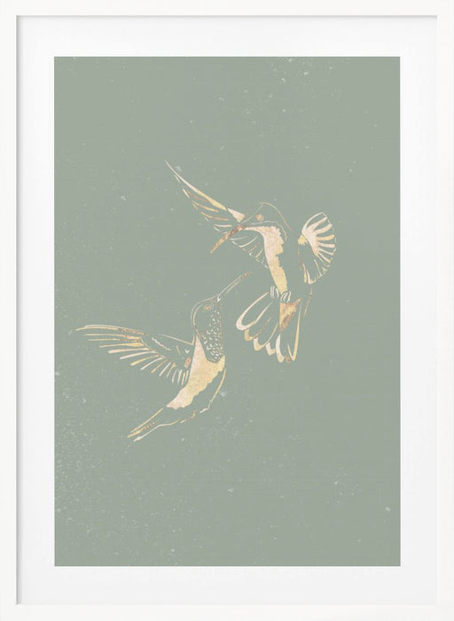 Sage Green Gold Hummingbirds Framed Art Modern Wall Decor