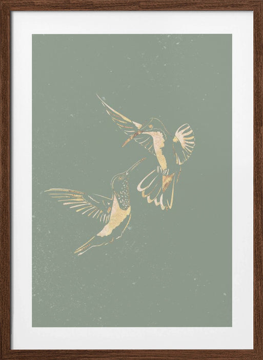 Sage Green Gold Hummingbirds Framed Art Modern Wall Decor