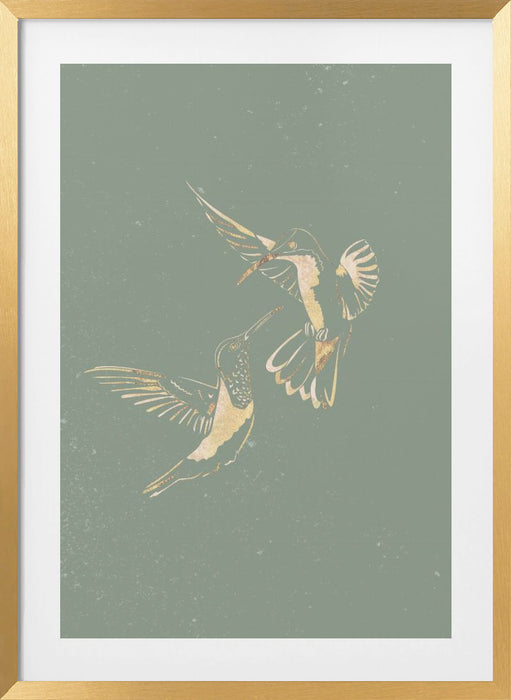 Sage Green Gold Hummingbirds Framed Art Modern Wall Decor