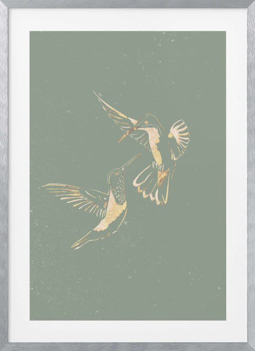 Sage Green Gold Hummingbirds Framed Art Modern Wall Decor