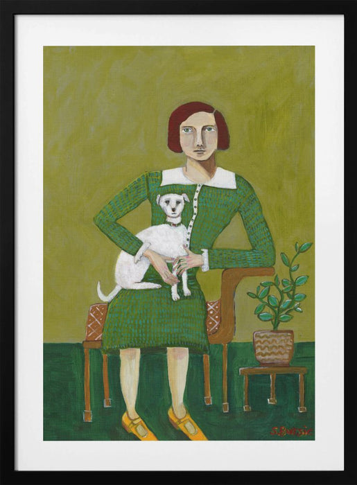 Vintage Lady with her white dog Framed Art Modern Wall Decor
