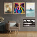 Framed artworks on concrete wall above beige armchair with 24x30 picture frame