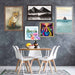 Gallery wall showcasing diverse framed artworks with 24x30 picture frames above a dining table