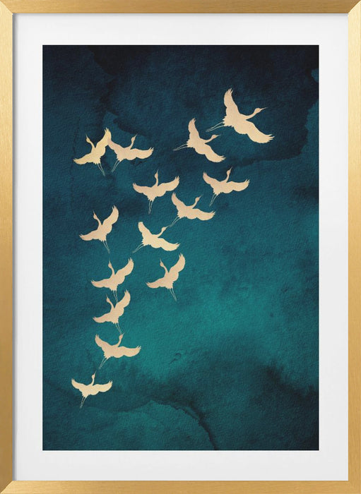 Teal Flying Cranes Framed Art Wall Decor