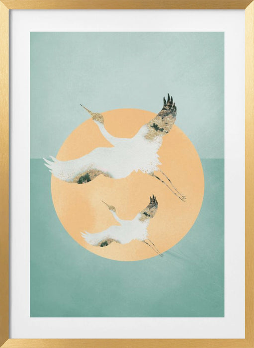 Mint Green Sun &amp; Cranes Framed Art Wall Decor