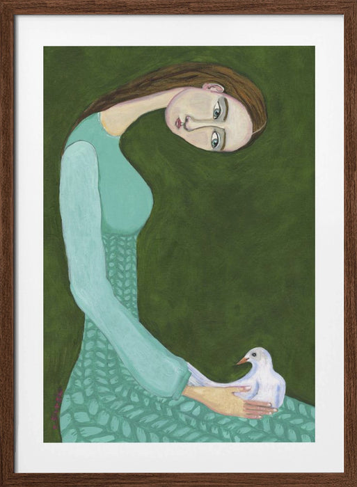 Lady sitting with white dove bird woman Framed Art Wall Decor