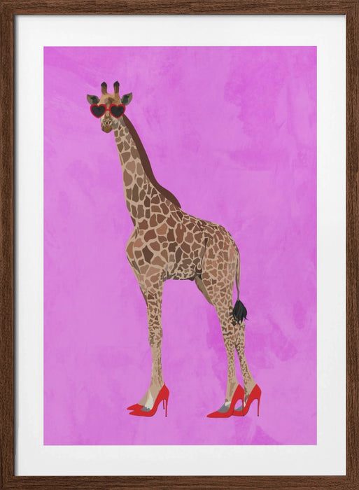 Giraffe wearing heels and heart glasses pink Framed Art Modern Wall Decor