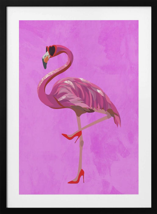 Flamingo in heels and heart glasses pink Framed Art Modern Wall Decor