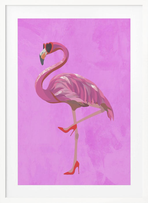 Flamingo in heels and heart glasses pink Framed Art Modern Wall Decor