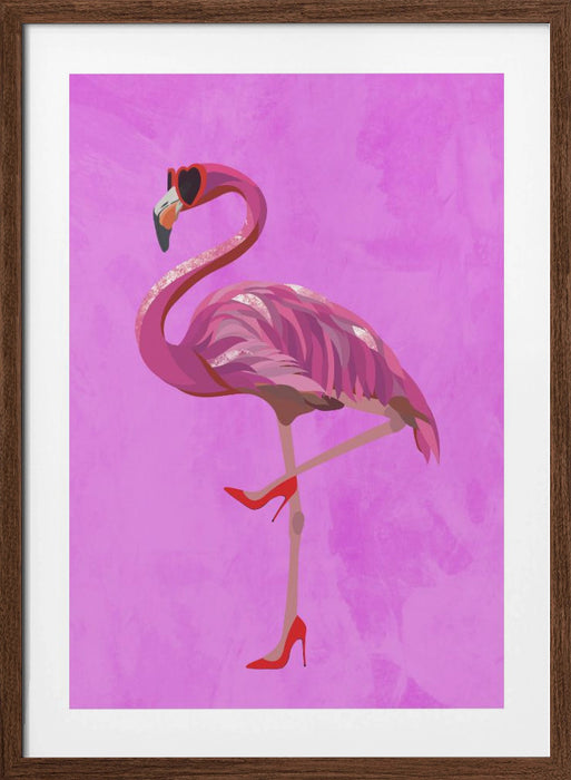 Flamingo in heels and heart glasses pink Framed Art Modern Wall Decor